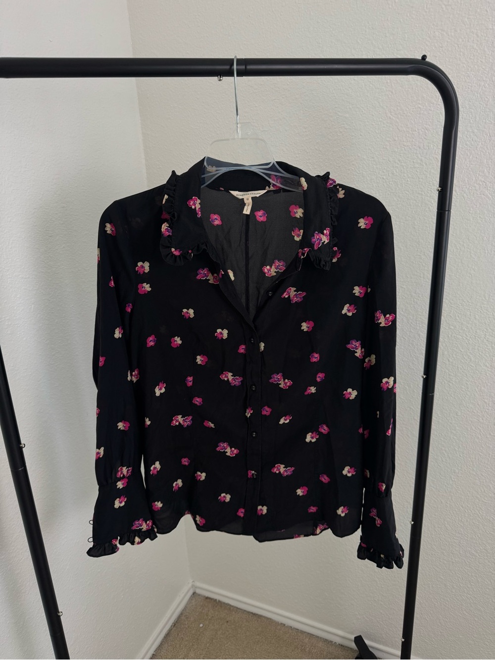 Rebecca Taylor Black Floral Ruffle-Trim Button Blouse